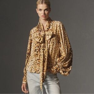 NWT Anthropologie Leopard Print Blouse with Bow Tie
